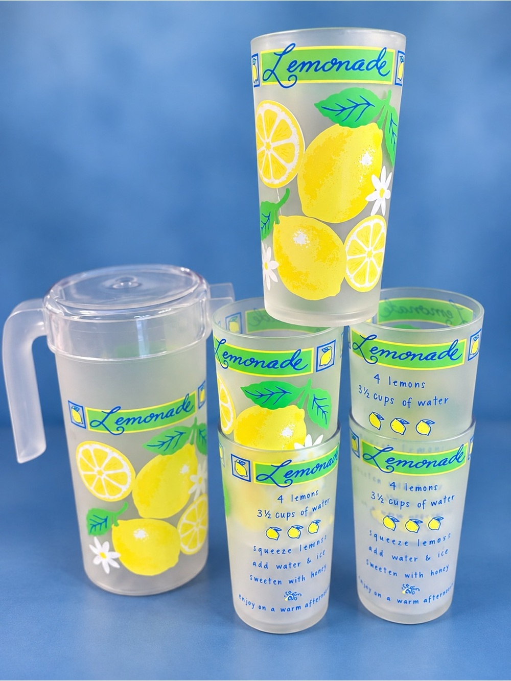 Vintage Lemonade Frosted Pitcher and Tumbler Set - Yellow Lemon Design